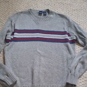 Basic Editions Gray V-Neck Sweater with Stripes